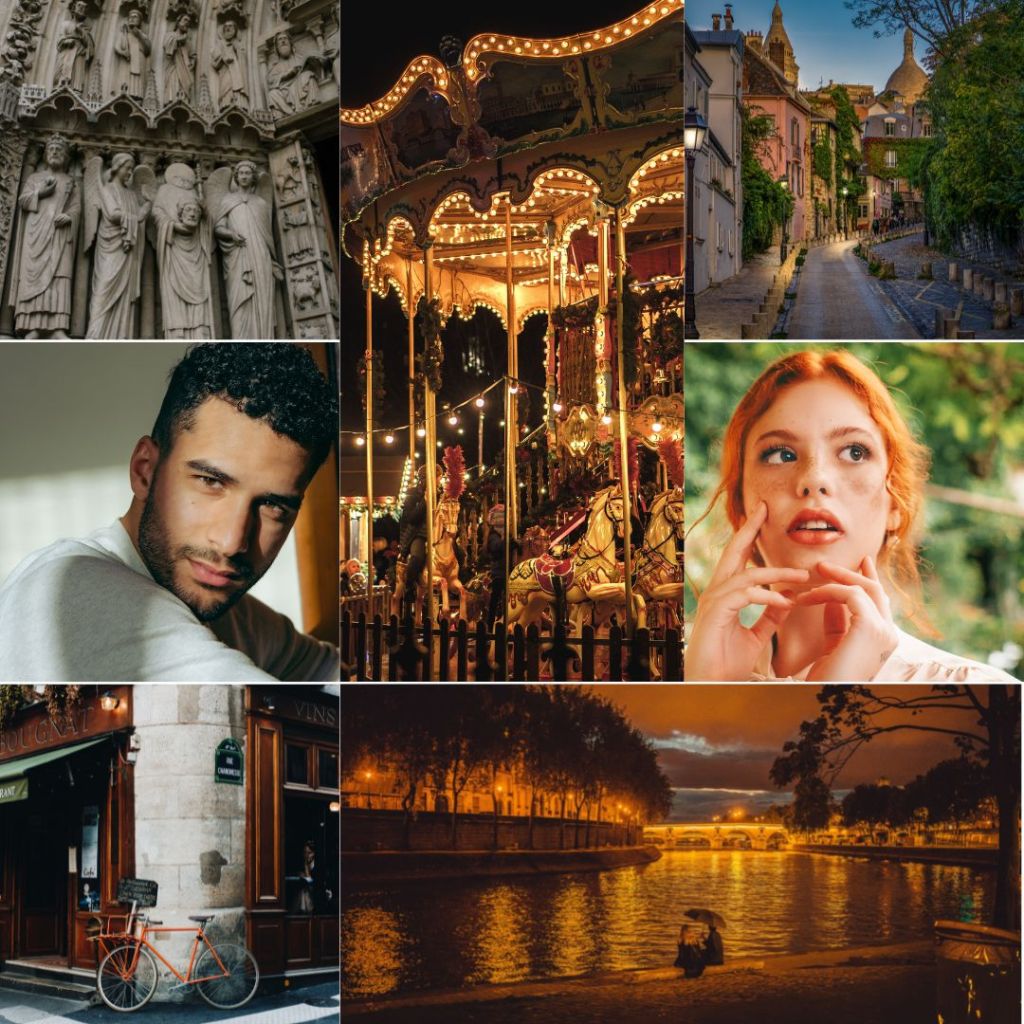 Aesthetic of Twenty-One Nights in Paris, with a red-headed woman and a man of Middle-Eastern descent, a carousel at night, a bicycle in Paris and the Seine at night